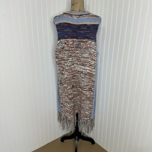 OSO Casuals Boho Crochet Sleeveless Long Vest Sz L Blue Multicolor Fringe Hippie - Picture 4 of 14